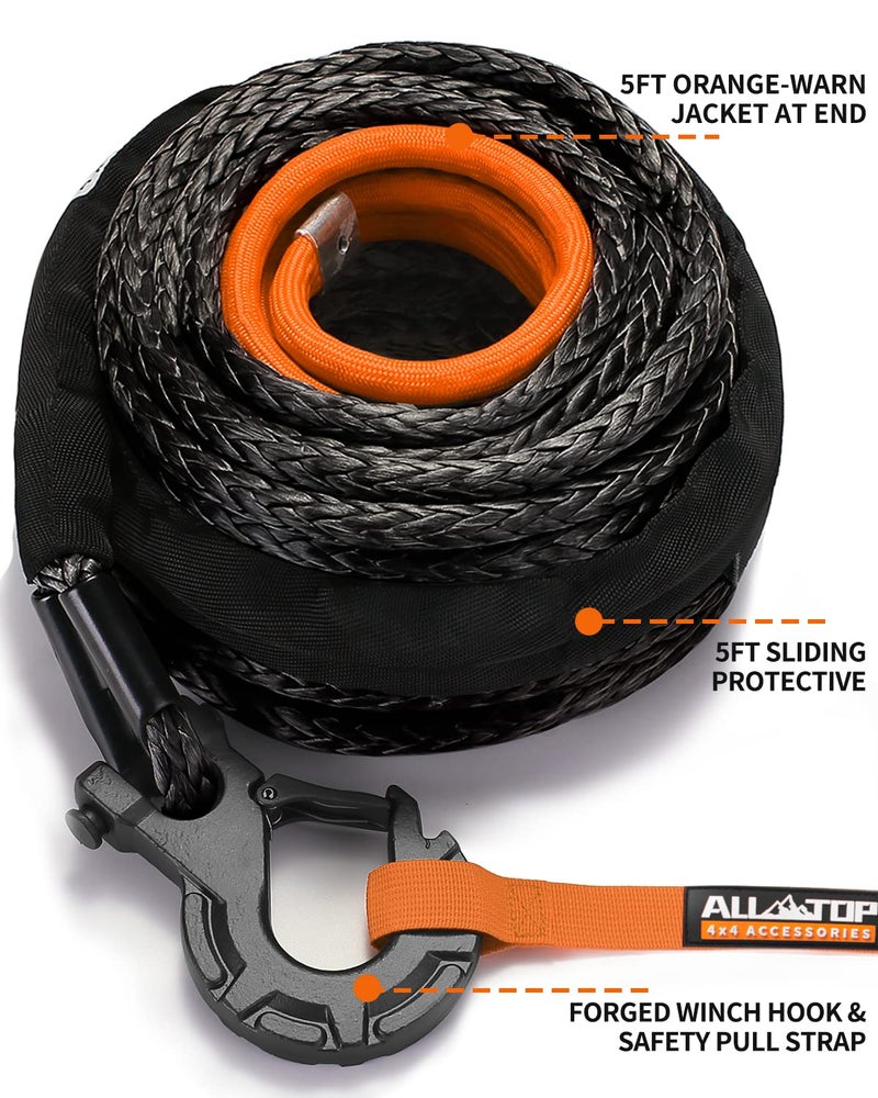 ALL-TOP Synthetic Winch Rope w/Hook & Isolator, 9/16in x 76ft, 35000Lbs UHMWPE Cable Replace Kit, Forged Hook & Rubber Stopper & Safety Pull Strap - Image 5
